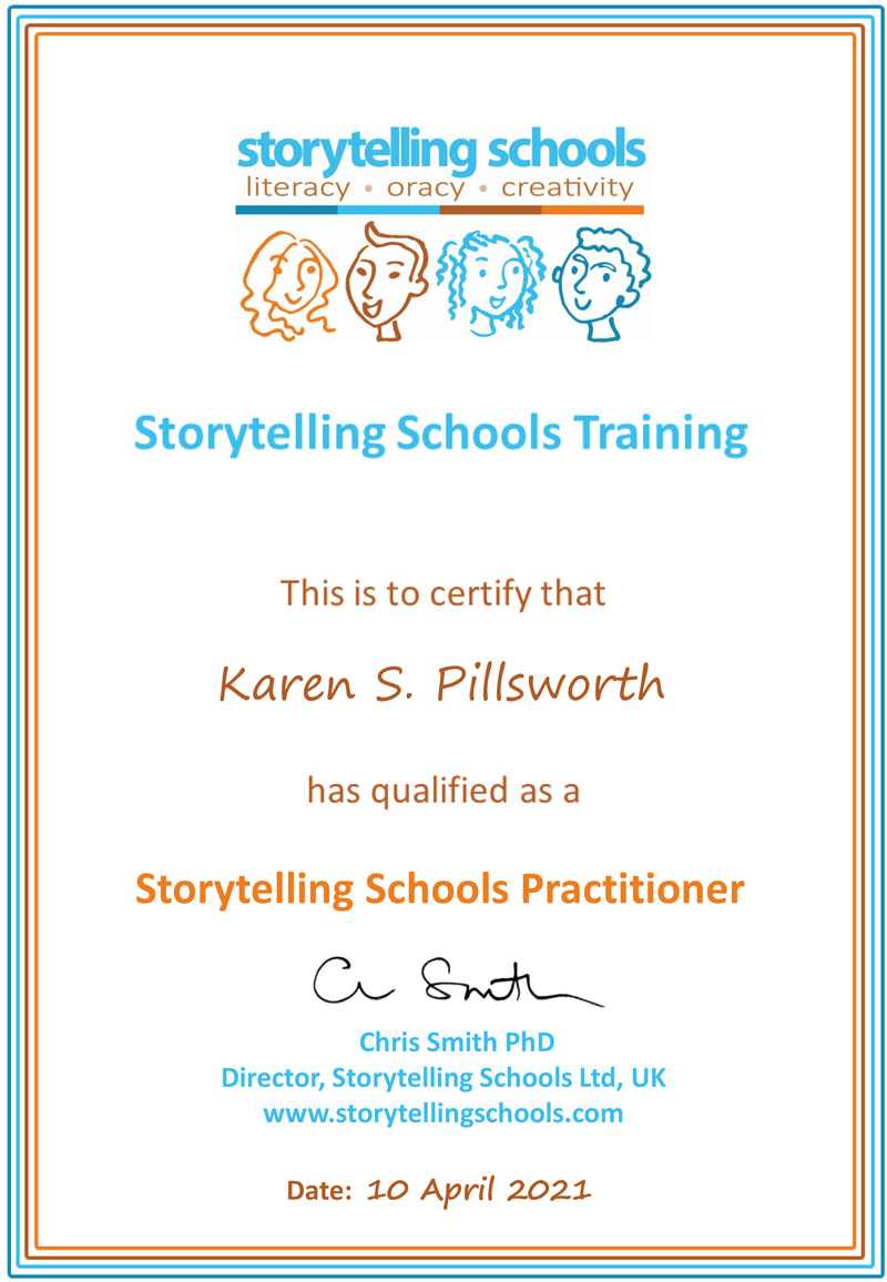 Karen Pillsworth's certificate as a Storytelling Schools Practitioner